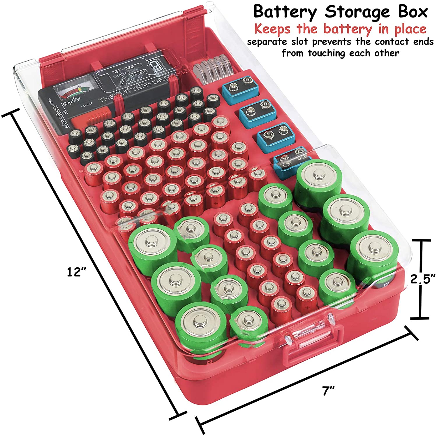 The Battery Organizer Storage Case with Hinged Clear Cover and closing latch, includes a Removable Battery Tester, Holds 93 Batteries Various Sizes (Red)