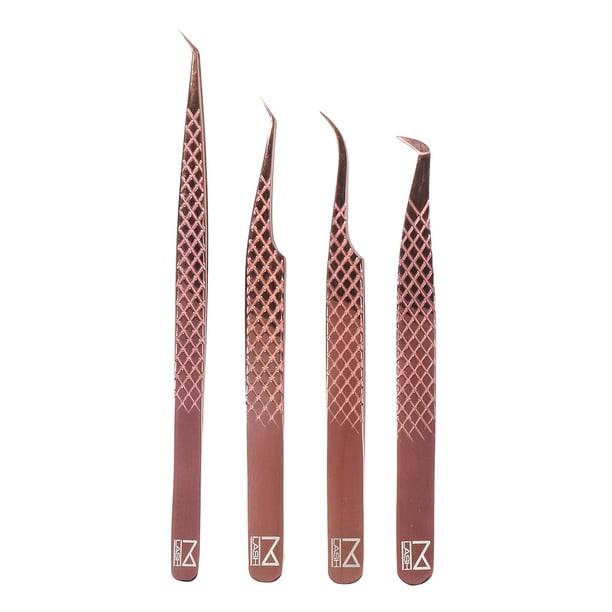 Pinzas M LASH para extensiones de pestañas (juego de 4) - Pinzas de extensión de pestañas profesionales - Pinzas de extensión de pestañas con punta de fibra de acero japonés con agarre de diamante (or