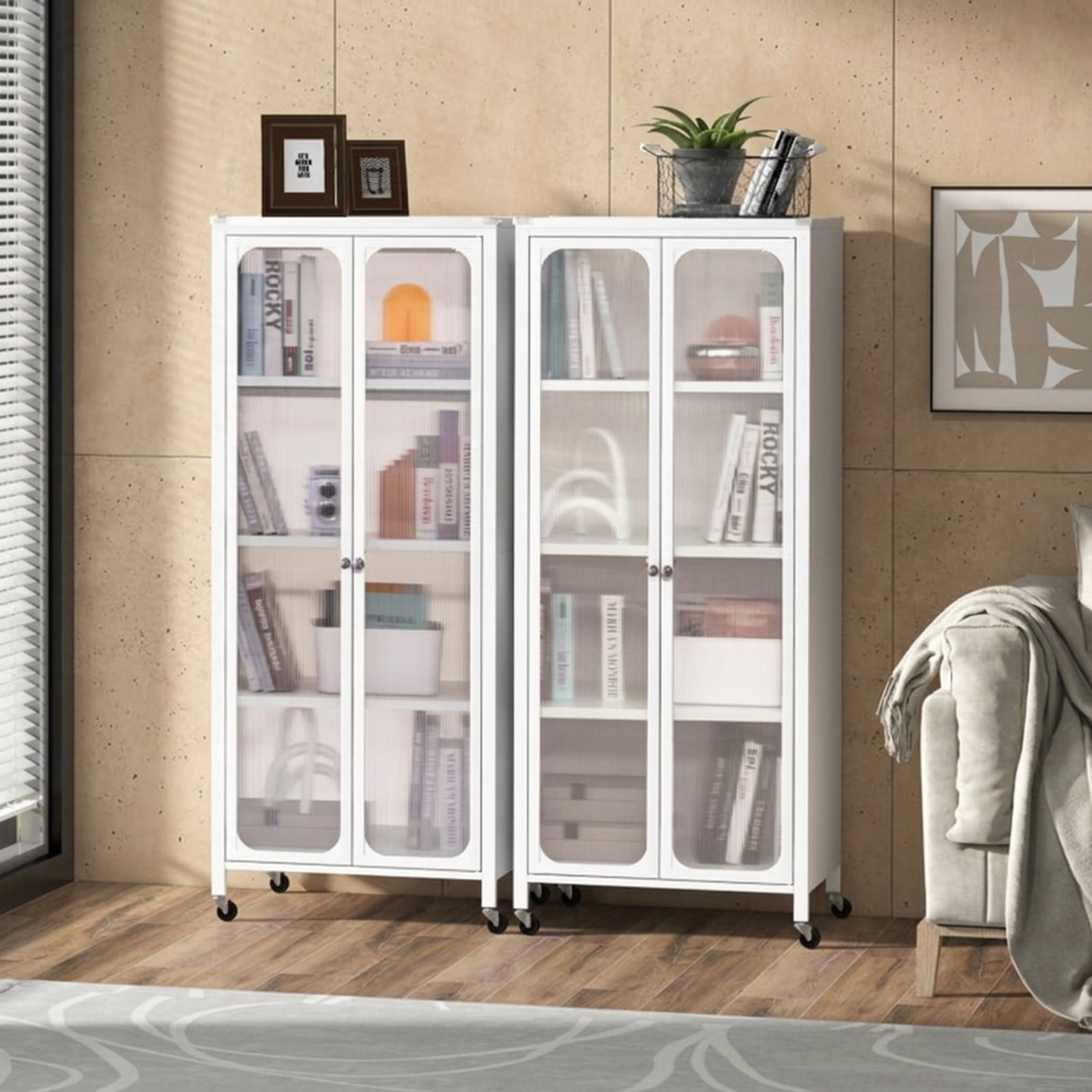 Furnibear Rolling Storage Cabinet with Doors Adjustable Shelves and Wheels Tall Metal Pantry for Kitchen Bathroom and Living Room, White