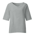 thumbnail image 3 of MIXUE Womens Summer Tops Linen Solid Color V Neck Short Sleeve Loose Tee Shirts Streetwear,Gray,XXXL, 3 of 4