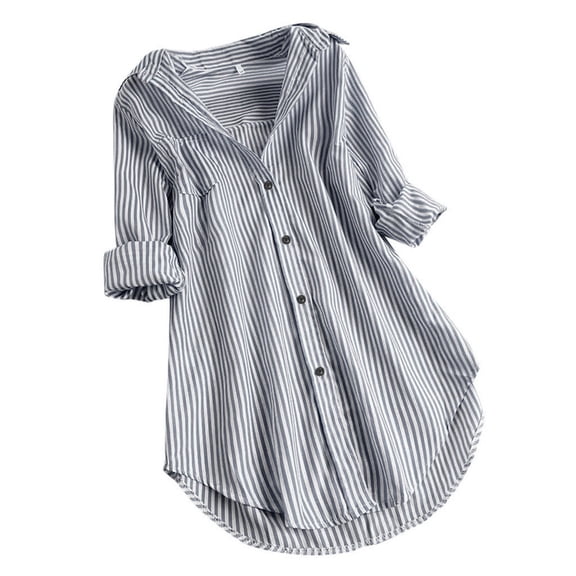 Yuanlong Womens T-Shirts Striped Long Sleeve Curved Hem Button Front Tshirts Loose Lady Tunic Outwear Spring Casual Tops