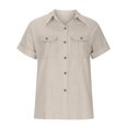 thumbnail image 3 of APEXFWDT Women Linen Button Down Shirt Rolled Cuffed Short Sleeve Blouse with Pocket Ladies Summer Casual V Neck Beach Cotton Tops, 3 of 8