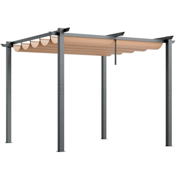 KFFKFF 10'x10' Aluminum Pergola, Outdoor with Sun Shade Canopy, Retractable Cover for Patio, Garden, Deck, Backyard - Beige