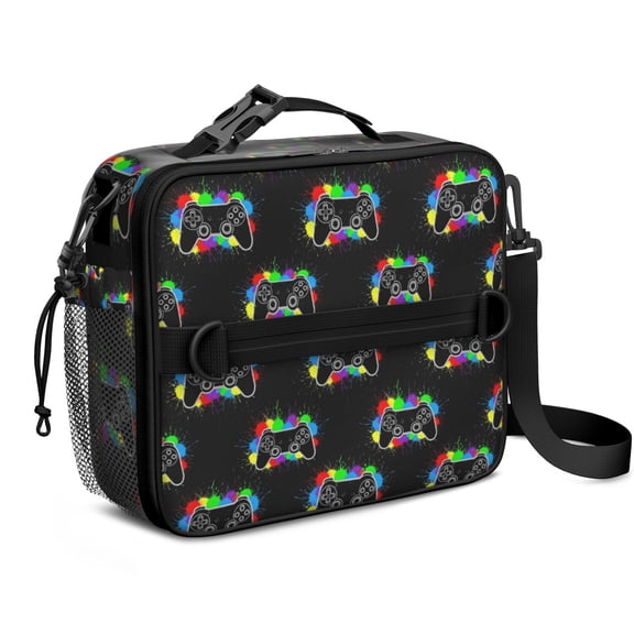 Game Controller Black Pattern Insulated Lunch Bag with Shoulder Strap and Bottle Holder,Bento School Lunch Bag Box,11x9.5x3.5 Inches