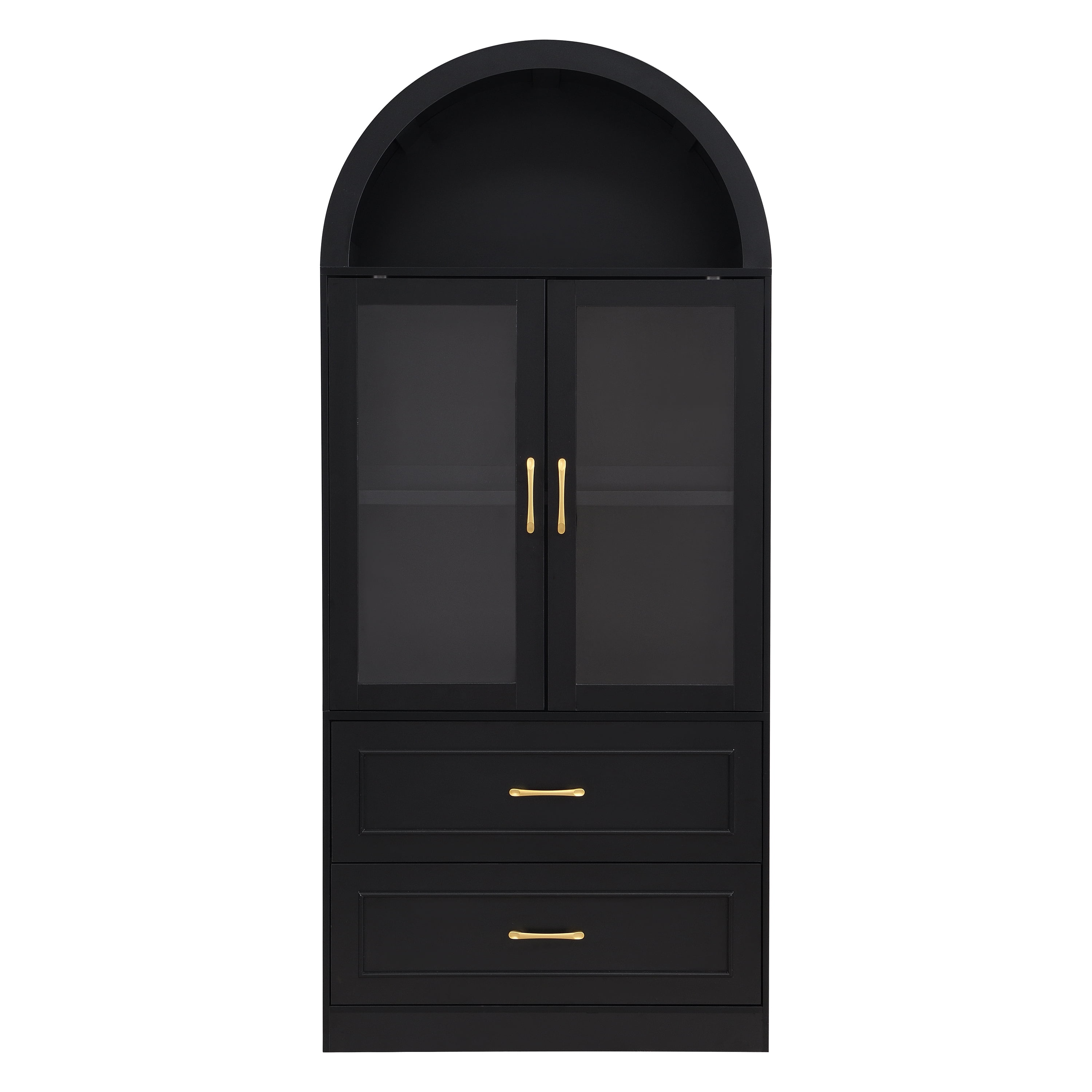 Euroco 71.25" Tall Arched Kitchen Pantry Cabinet,Farmhouse Wood Arched Storage Cabinet with Glass Door & 2 Drawers for Kitchen & Living Room,Black