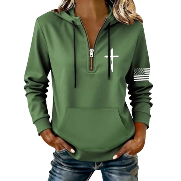 Hoodies for Women Hoodie Retro Sweatshirt Zip Up American Flag Long Sleeves Sweatshirt Tops Hemlock