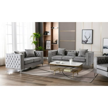 Gray Velvet Sofa Loveseat Living Room Set - Elegant and Luxurious