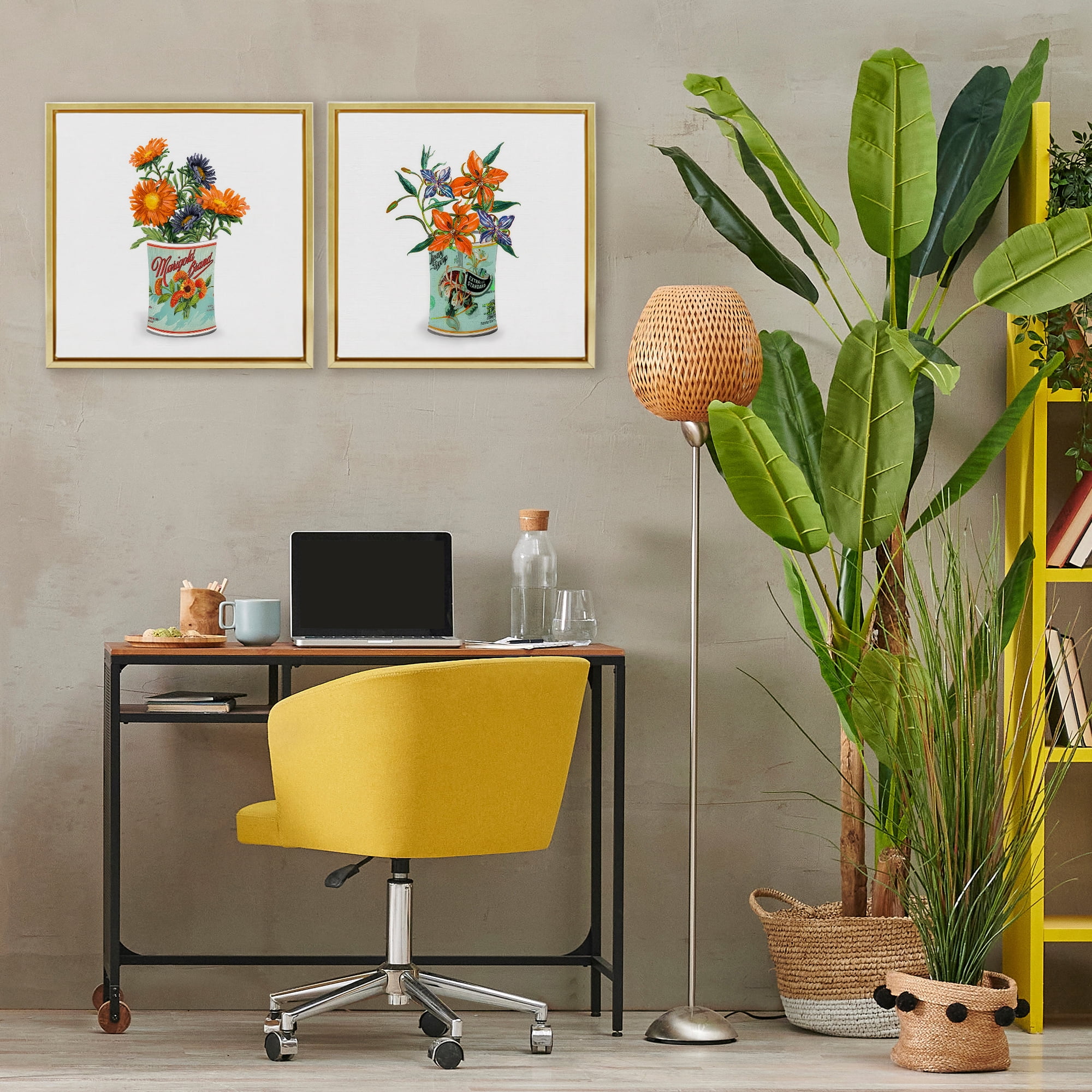 Stupell Industries Nostalgic Marigold & Lily Bouquets 2 Piece Gold Framed Floater Canvas Set, design by Val Rhodes