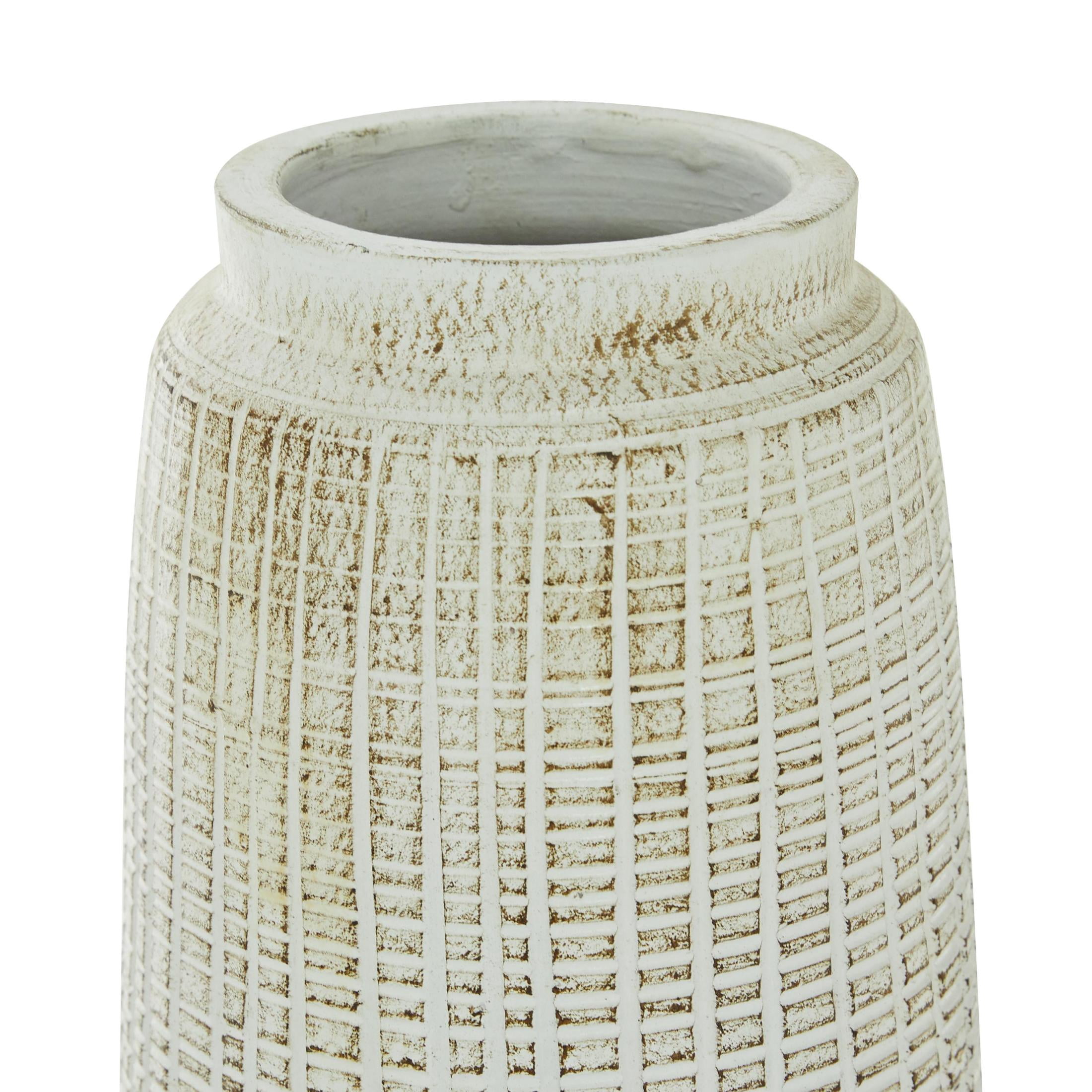 DecMode 17" Textured Crosshatch White Ceramic Vase with Crosshatch Design