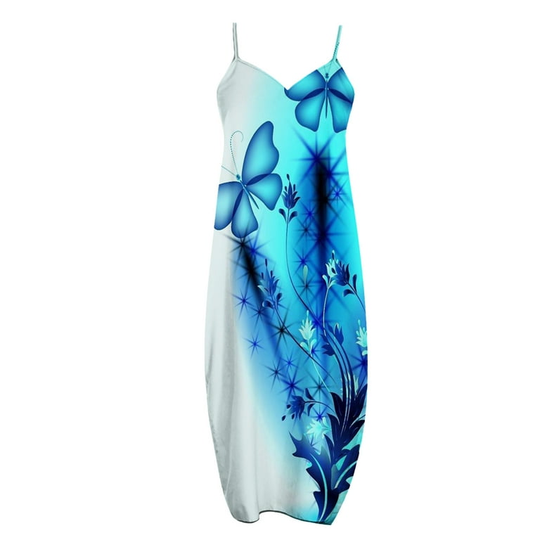 Cethrio Woman Dress 2023- Sexy Fashion Sleeveless Printed V-Neck Ladies  Pocket Camise Long Dress Sky Blue 