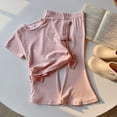 thumbnail image 2 of Paguaki Girls 2 Outfits Short Sleeve Ruched Drawstring Crewneck Tops Flare Leg Pants Summer Clothing Sets, 2 of 6