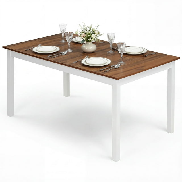 Gymax 60'' Rectangular Dinner Table w/Solid Rubber Wood Legs for Kitchen Dining Room Brown & White