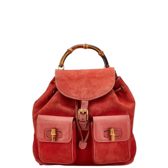 Pre-Owned Gucci Bamboo Backpack 003.2058.0016 Red Brown Suede Leather Women's GUCCI