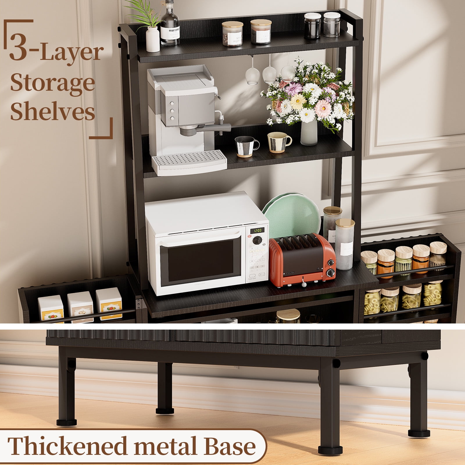 ETASE 58'' Pantry Cabinets with Microwave Shelves, Freestanding Kitchen Storage Cabinet with Adjustable Shelves, Buffet Cupboards for Kitchen/Dining Room/Living Room, Black