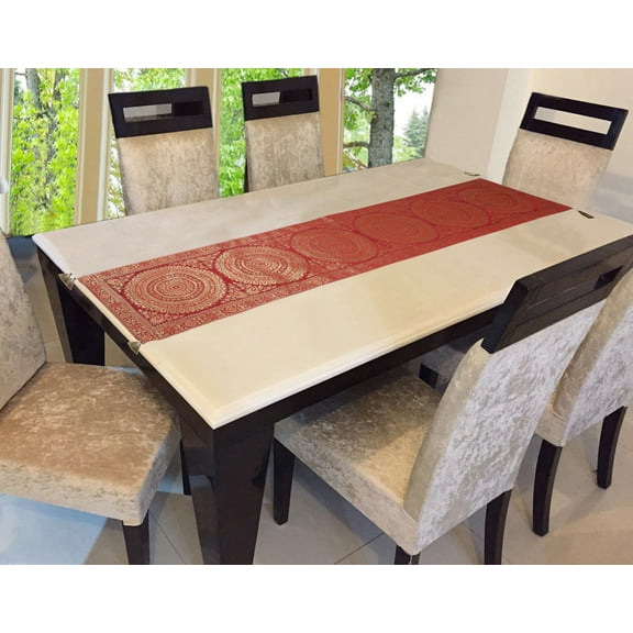 Stylo Culture Decorative Indian Dining Table Runner Burgundy Gold Large Living Room Wedding Decor Round Mandala 68 Inch Long Brocade Jacquard Tassel Work Table Cloth Rectangle (68 x 16 Inch)