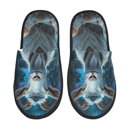 Balery Forest Meditating Goat Slient Indoor Furry Fleece Comfort House Shoes Soft Non-Slip Home Shoes Cotton slippers House Slippers-- Large