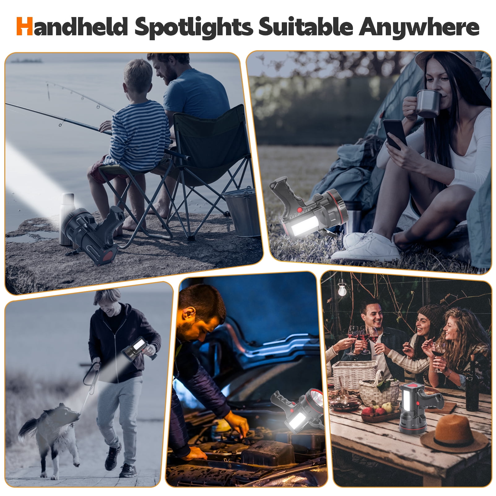 Hunting Friends Super Bright Rechargeable LED Spotlight Flashlight, Powerful Handheld Searchlight & Lantern with USB Power Bank Function, Ideal for Camping, Emergencies, and Outdoor Activities