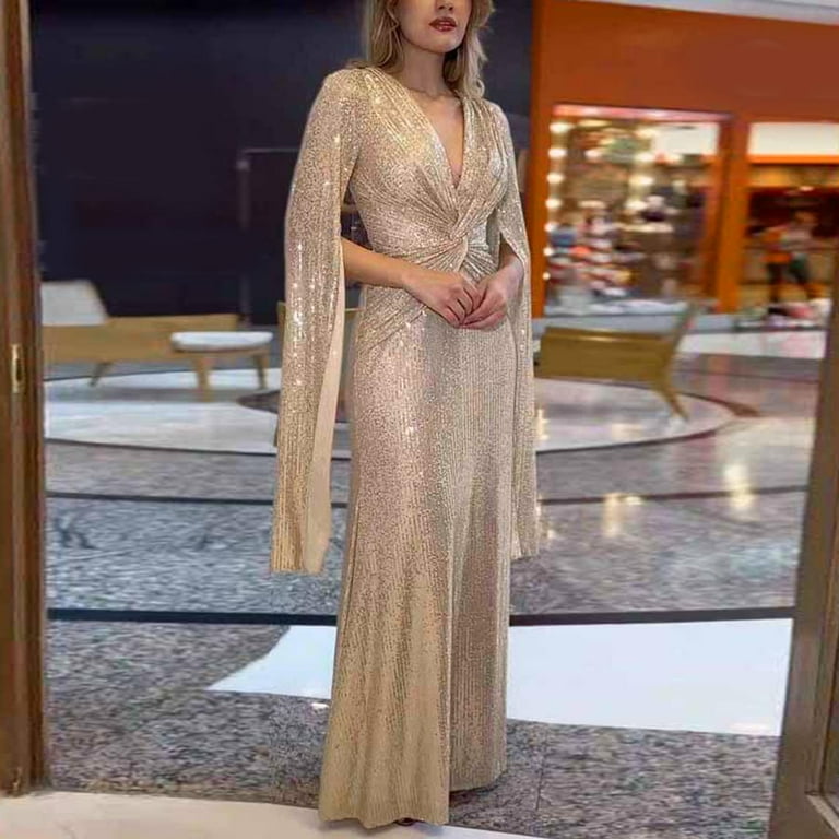 WNVMWI Formal Dresses for Women V Neck Sequin Long Sleeve Evening