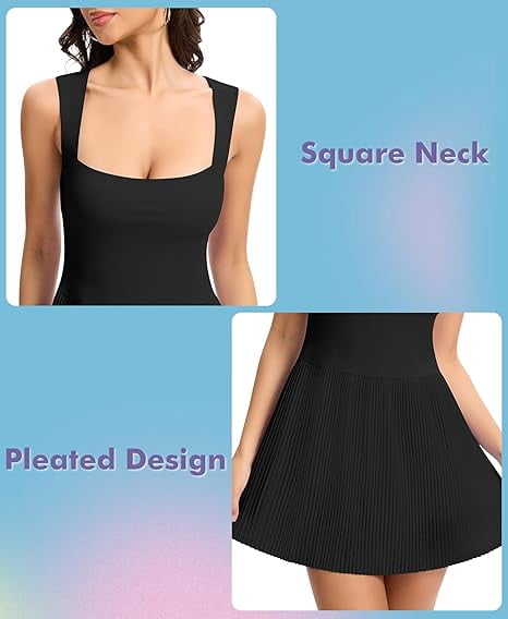 JoyGirl Womens Square Neck Tennis Dress Pleated Sleeveless Golf Dress with Built in Shorts Athletic Dresses with Pockets