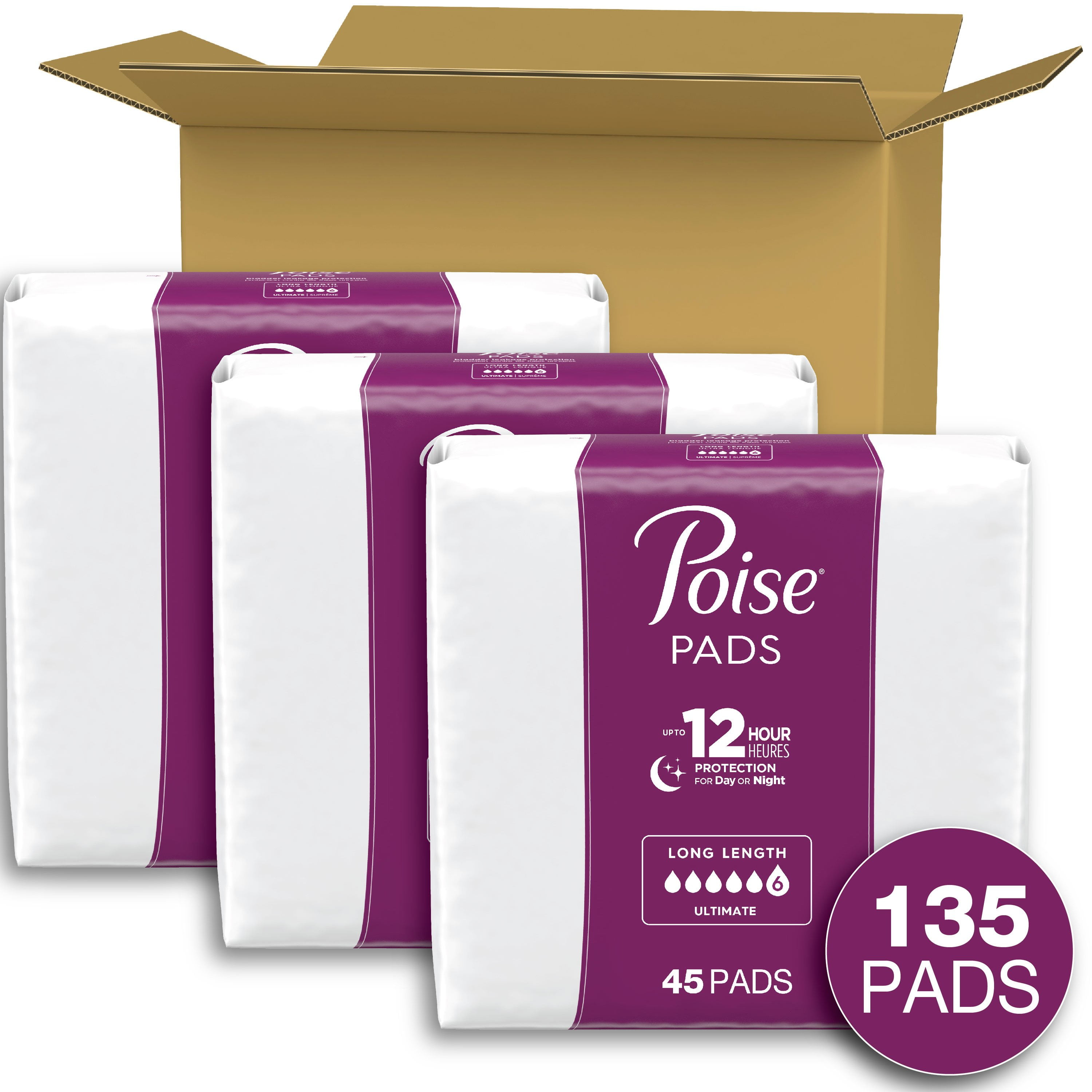 Poise Incontinence Pads for Women, Original Design, Ultimate, Long, 135