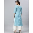 thumbnail image 4 of Janasya Indian Round Neck 3/4 Sleeve Striped Blue Cotton Kurta For Women, 4 of 5