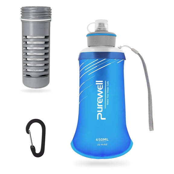 Purewell Collapsible Squeeze Bottle Water Filter System 650ml for Trail Running, Through Hiking, Travel, Cycling, and Fishing blue