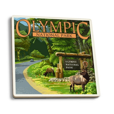 

Olympic National Park Washington Park Entrance and Elk (Absorbent Ceramic Coasters Set of 4 Matching Images Cork Back Kitchen Table Decor)