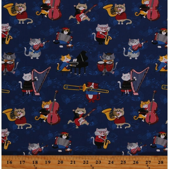 Cotton Musical Cats Kittens Animals Kids Instrument Trombone Piano Drums Harp Saxaphone French Horn Blue Cotton Fabric Print by the Yard (19331099)