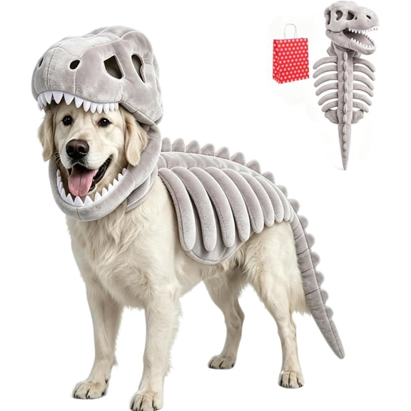 Pet Dinosaur Costume, Soft Plush T-Rex Skeleton Funny Dino Cosplay Outfit, Cute Party Clothes for Medium, Large Dogs, Cats and Big Dog Breeds ，Grey：Large-47.2 in