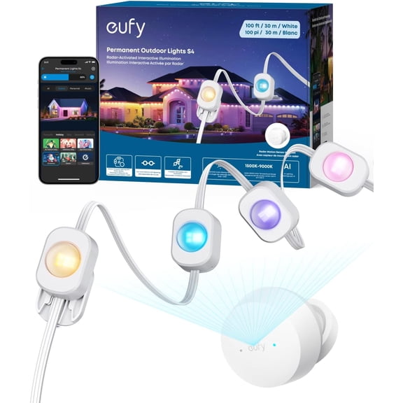 eufy Permanent Outdoor Lights S4, 100ft with 72 RGBWW LED String Lights