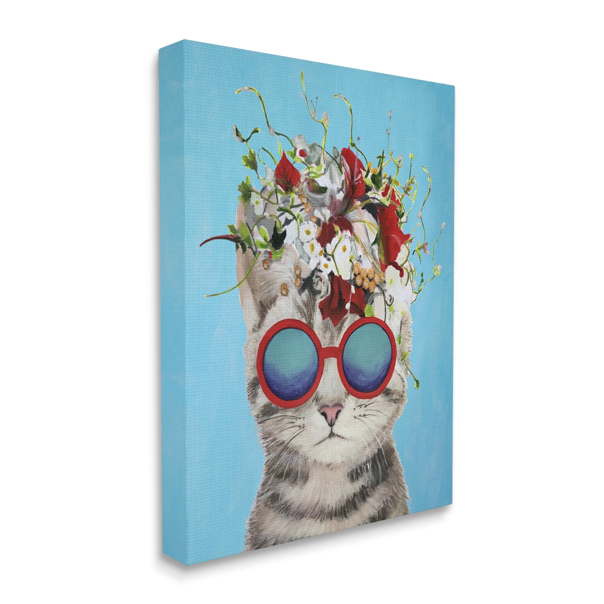 Stupell Industries Cute Fun Flowery Cat Wearing Sunglasses Bold Blue Background Paintings Gallery-Wrapped Canvas Print Wall Art, 24x30, by Coco de Paris