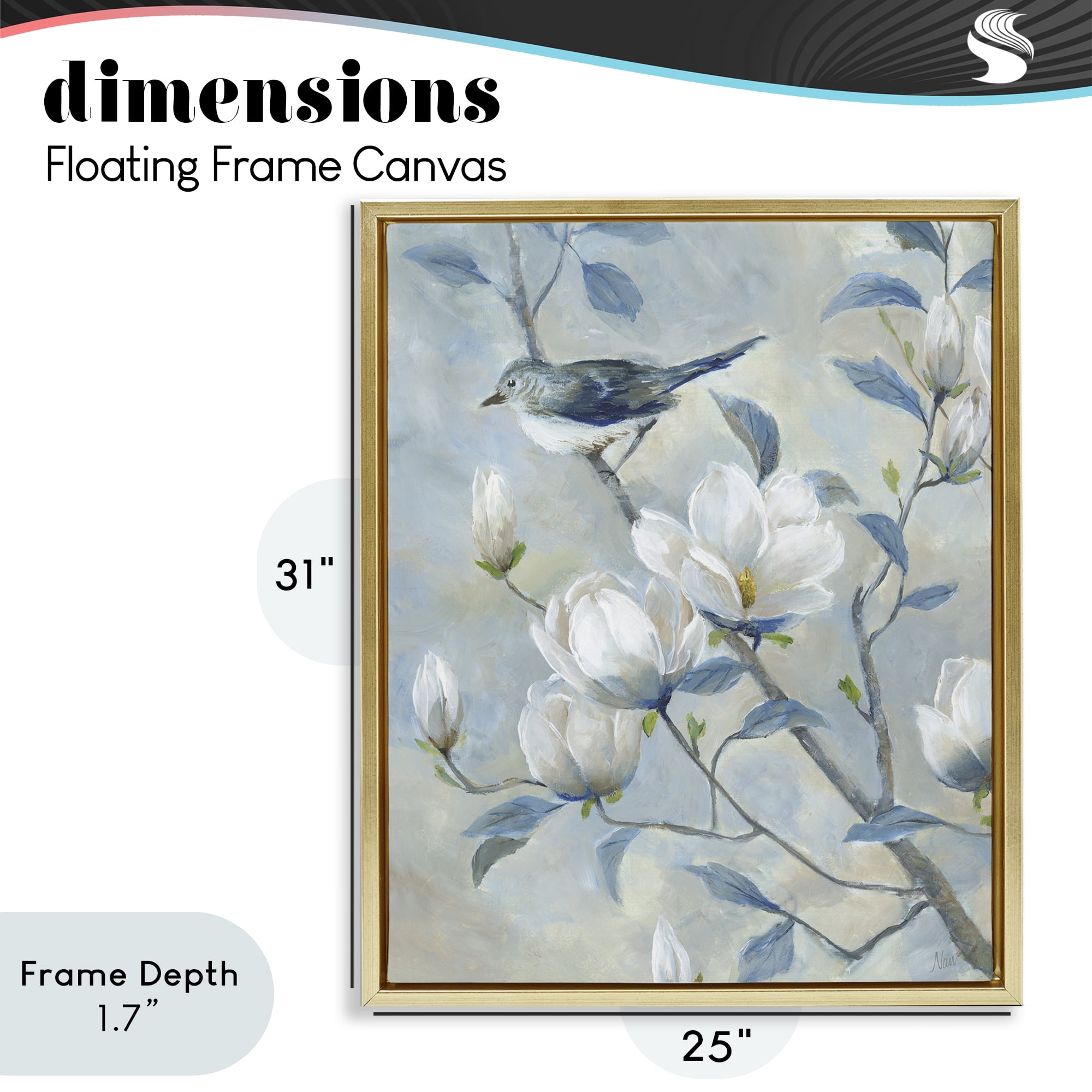 Stupell Industries Blue Bird in Magnolia Tree Gold Framed Floater Canvas Wall Art, design by Nan