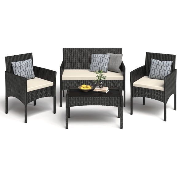 4 Pieces Patio Furniture Set, Outdoor Wicker Rattan Patio Conversation Furniture Set with Waterproof Cushion and Table for Lawn Backyard, Garden, Balcony, Porch and Poolside (Black)
