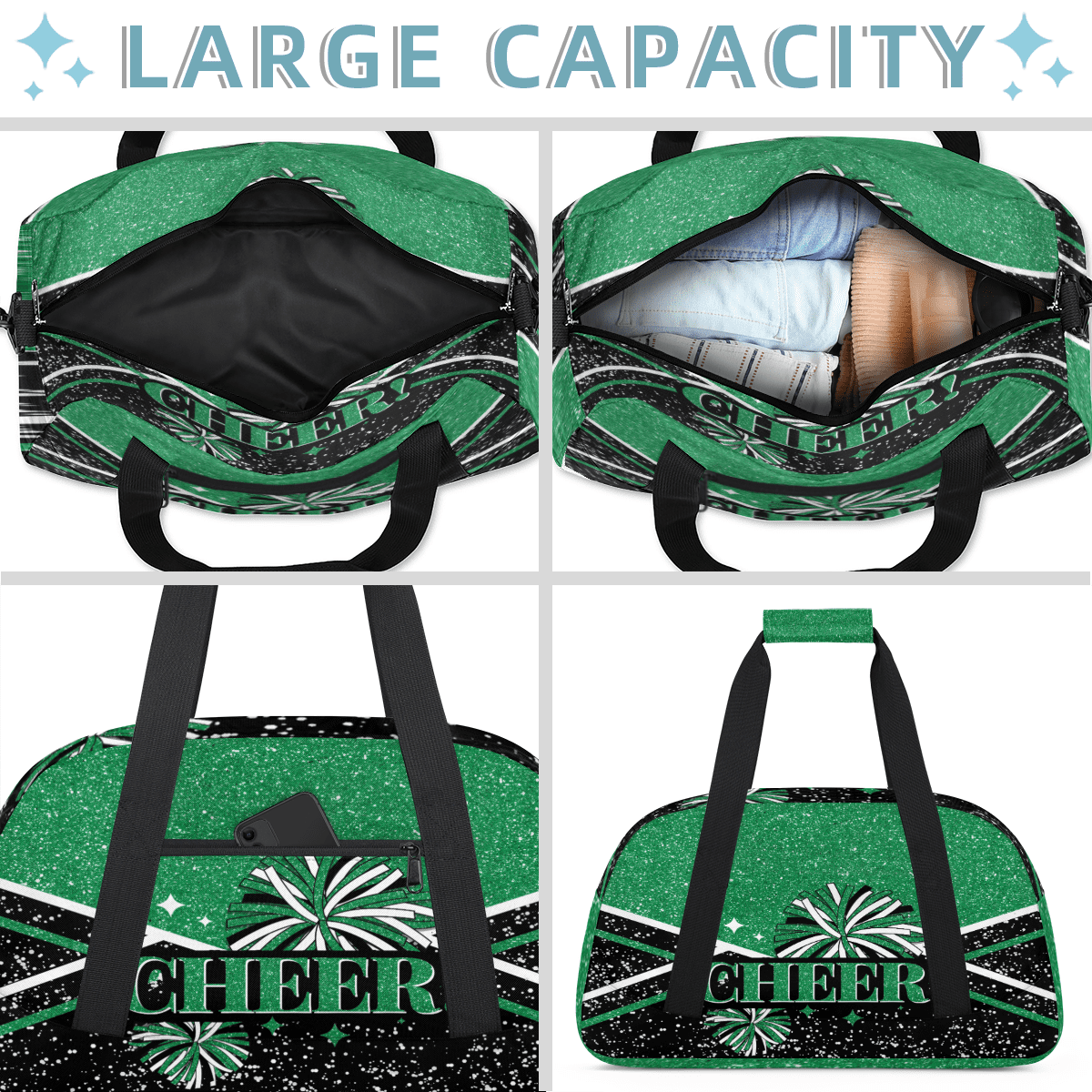 Herdesigns Cheer Bags Sport Duffle Bag Green Cheerleader Gym Bag Overnight Travel Bags Waterproof Weekender Bag Carry On Travel Tote Bag Dance Bags