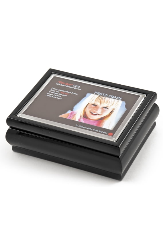4" X 6" Black Lacquer Photo Frame Music Box With New "Pop-Out" Lens System - Silver Bells