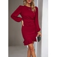 thumbnail image 3 of YNIQUE Women's Round Neck Dress Temperament Bubble Long Sleeve Clean Color Dress, 3 of 5