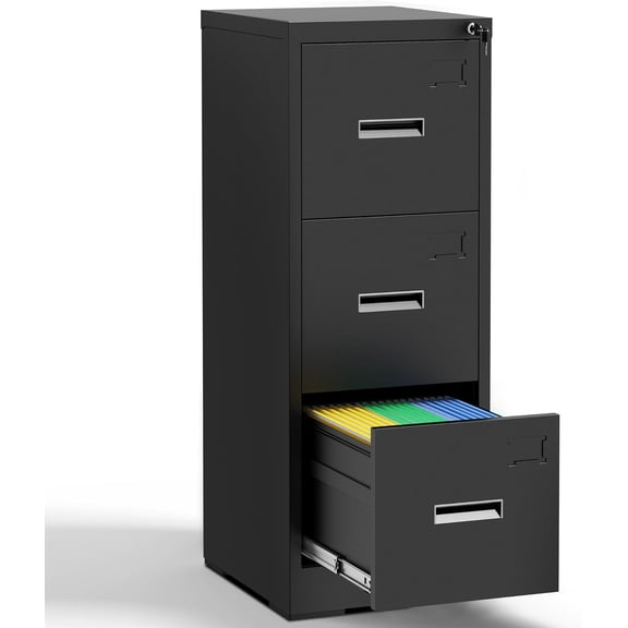 Black 3 Drawer File Cabinets with Lock, Heavy Duty Metal Storage Cabinets, Vertical Filing Cabinet for Home Office, Steel Cabinet for Letter Legal Size Files, Assembly Required