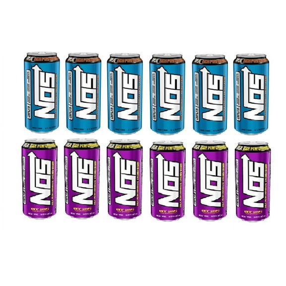 NOS Energy Drink Variety Pack Regular and Grape 16oz Pack of 12