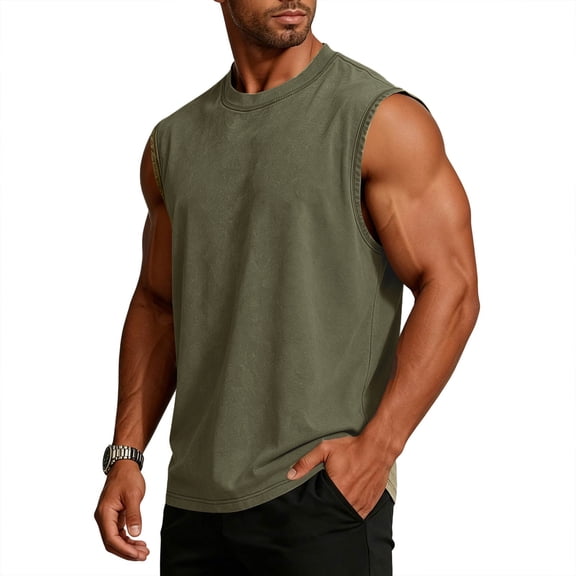Delconic Mens Shirts Summer Tank top Sleeveless Loose Workout Tops Acid Wash Cotton Tshirts 2026 Army Green L