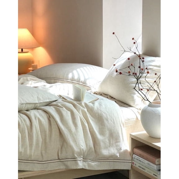 Say Yes Bedding  Manjusaka Linen Duvet Cover With Pillowcase Beige- Red Spider Lily ,King Size