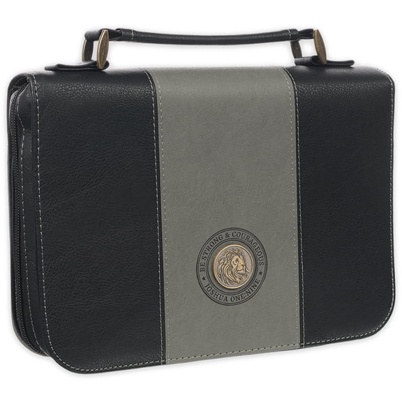 Christian Art Gifts Classic Premium Vegan Leather Inspirational Bible Cover for Men & Women: Strong & Courageous Encouraging Scripture, Brass Lion Medallion, Pen Loops, Pockets, Black & Gray, XL