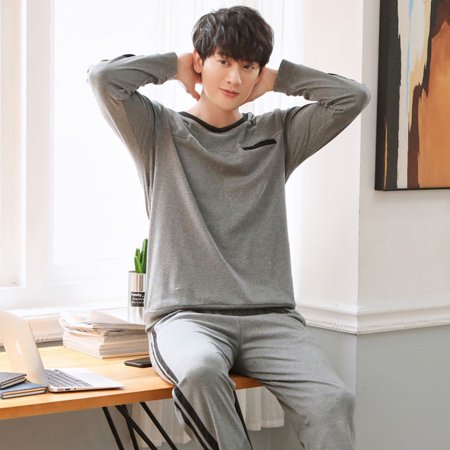 

DanceeMangoo Mens Pajamas Set Autumn Winter Leisure Elastic Waist Men Sleepwear Set Cotton Mens Long Sleeve Nightwear Loose Homewear Cloth