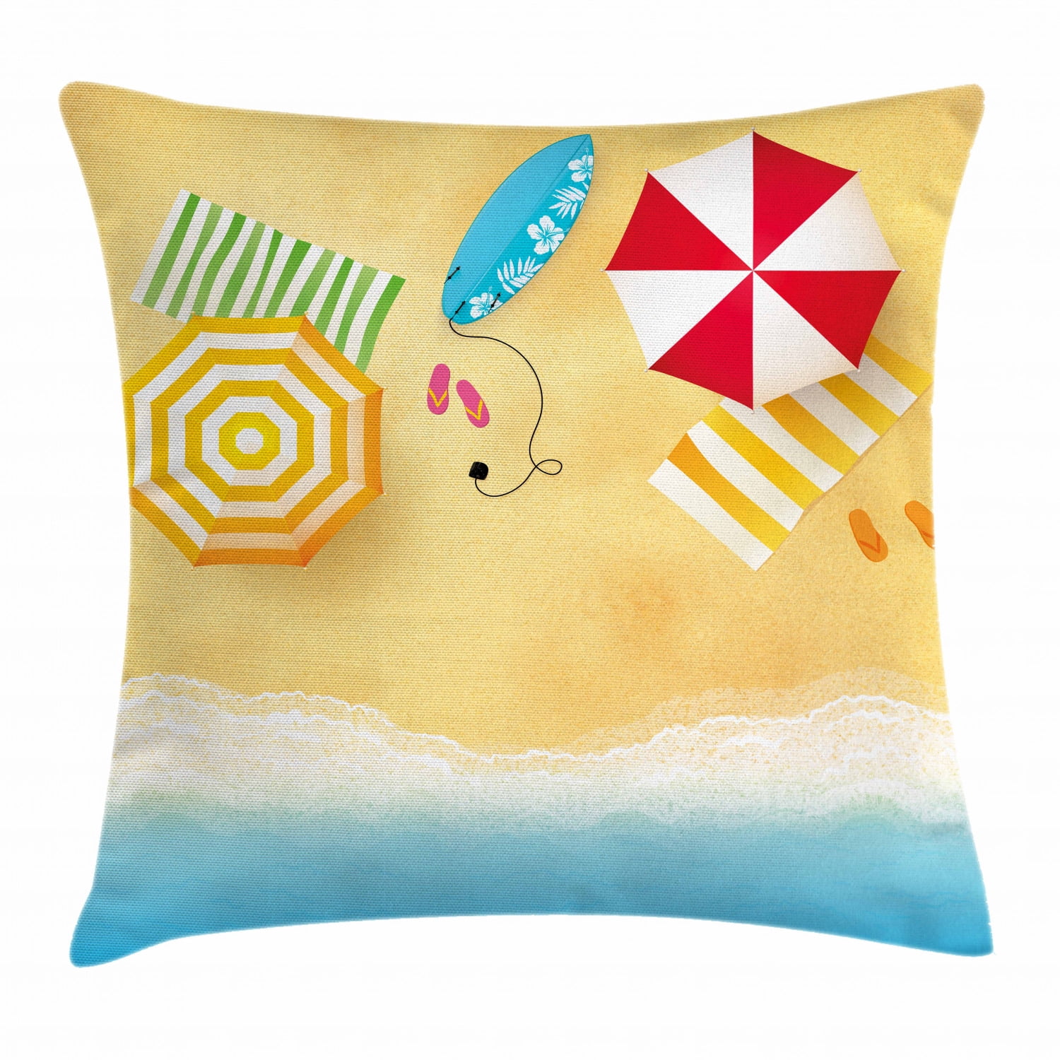 Beach Throw Pillow Cushion Cover, Beach Waves with Umbrella Towels and