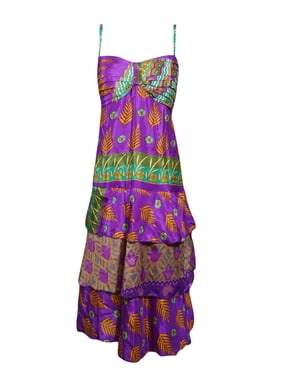Mogul Women Floral Dress, Purple Green Spaghetti Strap Recycle Sari Dress, Bohemian Summer Beach Dresses S/M