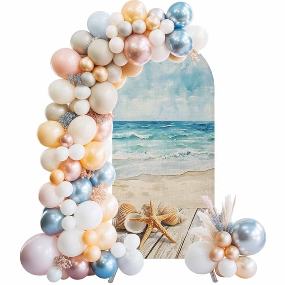 Beach Coastal Arch Backdrop Cover, Spandex Fitted Wedding Arch Cover, Watercolor Ocean Waves Starfish Summer Round Top Stand Covers for Birthday Ceremony Bridal Shower Party Decor 6x2.6 Ft
