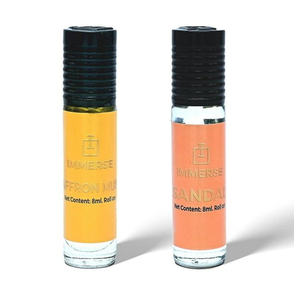 Immerse Saffron Musk + Sandal Attar Roll On Perfume For Men & Women Pack Of 2 X 8ml - 0.27 Fl.oz. Each | Long Lasting Ittar - With Jasmine, Powdery & Ambergris Notes | Non Alcoholic Unisex Attar