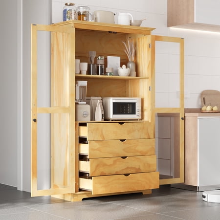Harper & Bright Designs Farmhouse Kitchen Pantry Cabinet with Microwave Shelf, Tall Kitchen Storage Cabinet with Glass Door, Freestanding Hutch with 4 Built-in Drawers, 75", Natural
