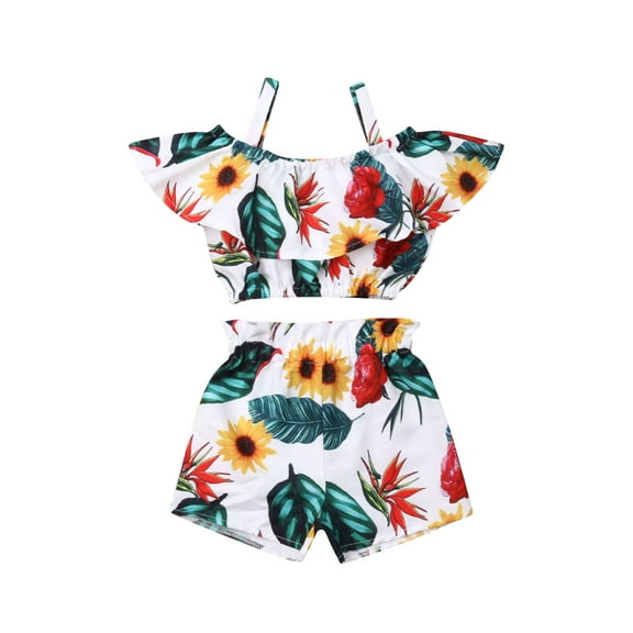 2Pcs Toddler Baby Girl Summer Clothes Floral Ruffle Crop Top Shorts Pants Two-Piece Outfit