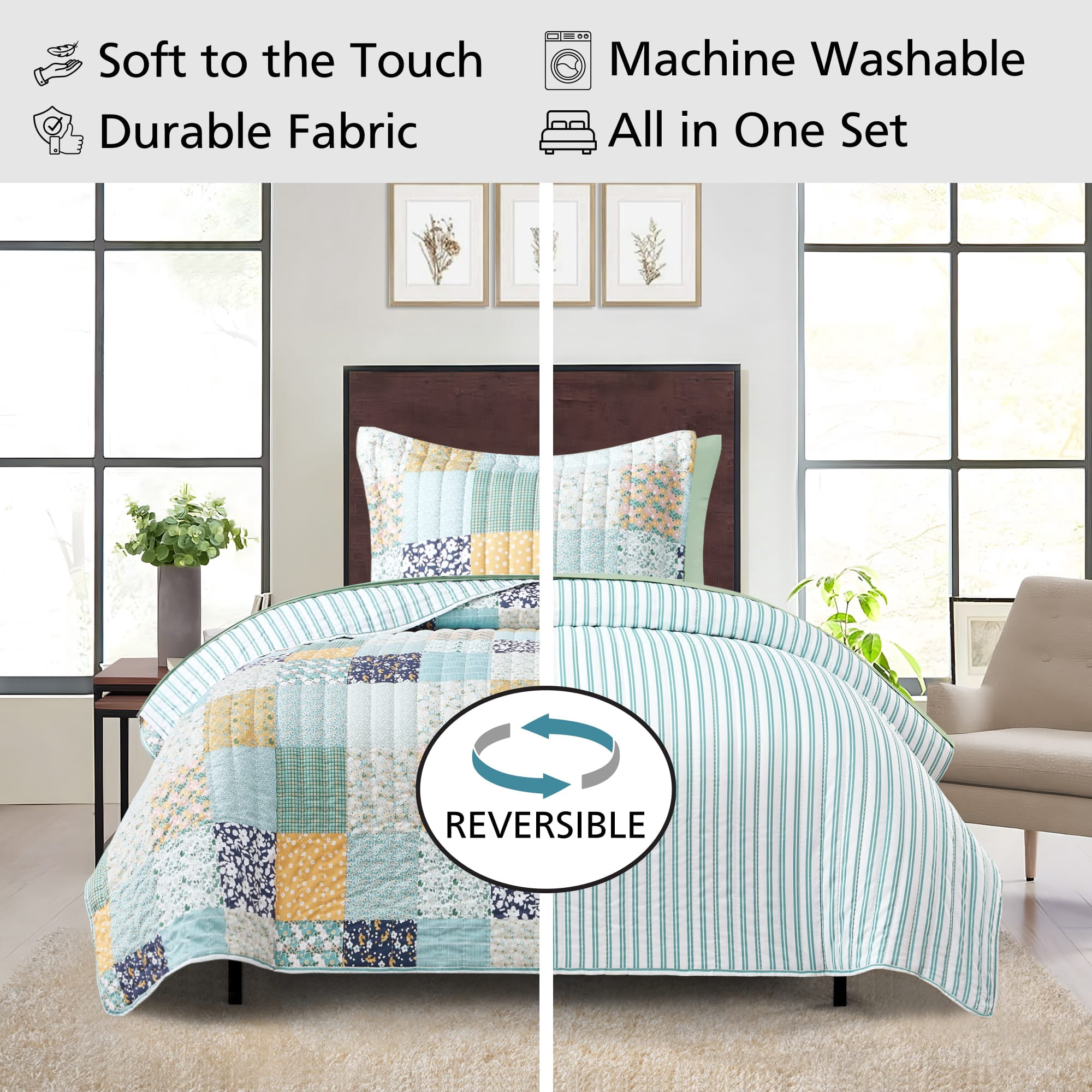 Mainstays All in One Lightweight Quilt Set and Sheet Set -5 Piece, Twin/Twin-XL, Patchwork