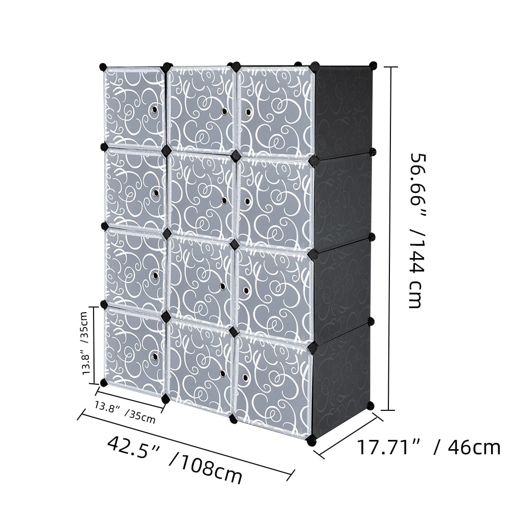 Private Jungle 12 Cubes Shelves Units, Closet Cabinet Bookshelf, DIY Plastic Modular Storage Cube Organizer w/Pattern White Doors and Hammer - Black